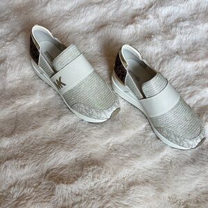 Michael Kors White and Brown Slip-On Sneakers